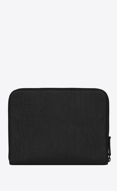 Monogramme Tablet-Etui aus schwarzem Leder mit Krokodillederprägung